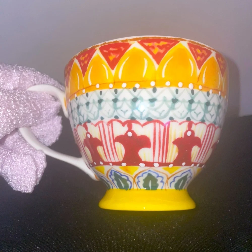 Bohemian 12 oz Coffee Tea Cup Footed BOHO Yellow Green White Blue NWOT MINT